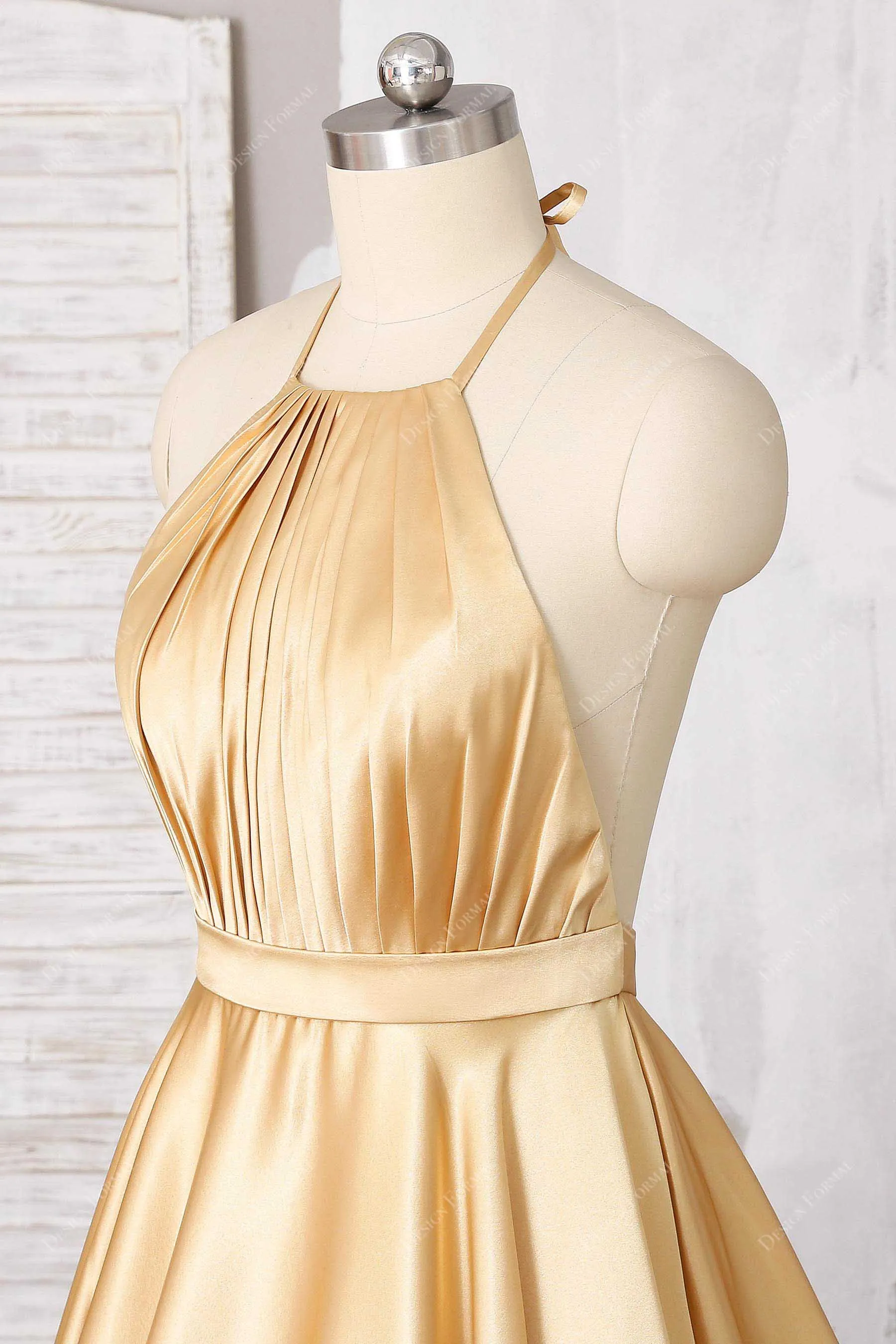 Gold Satin Pleated Halter Open Back Simple A-line Long Dress