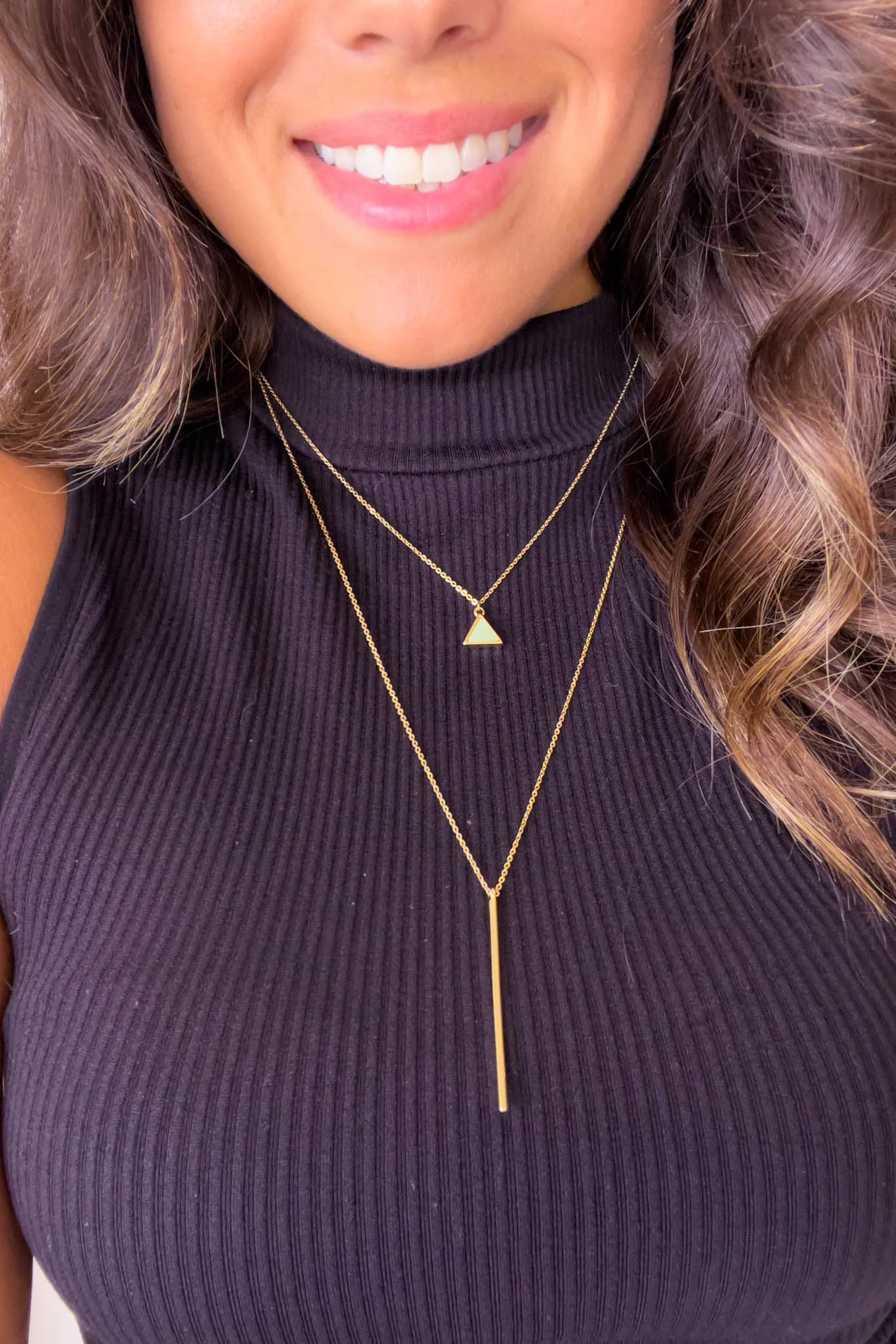 Gold Two Layer Triangle And Stick Pendant Necklace