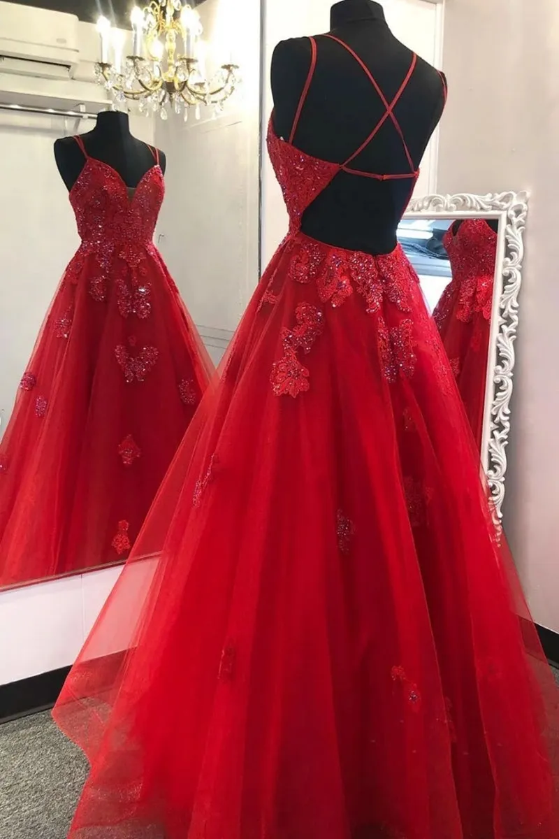 Gorgeous V Neck Backless Red Lace Appliques Prom Dresses, Backless Red Lace Formal Dresses, Red Lace Evening Dresses, Red Ball