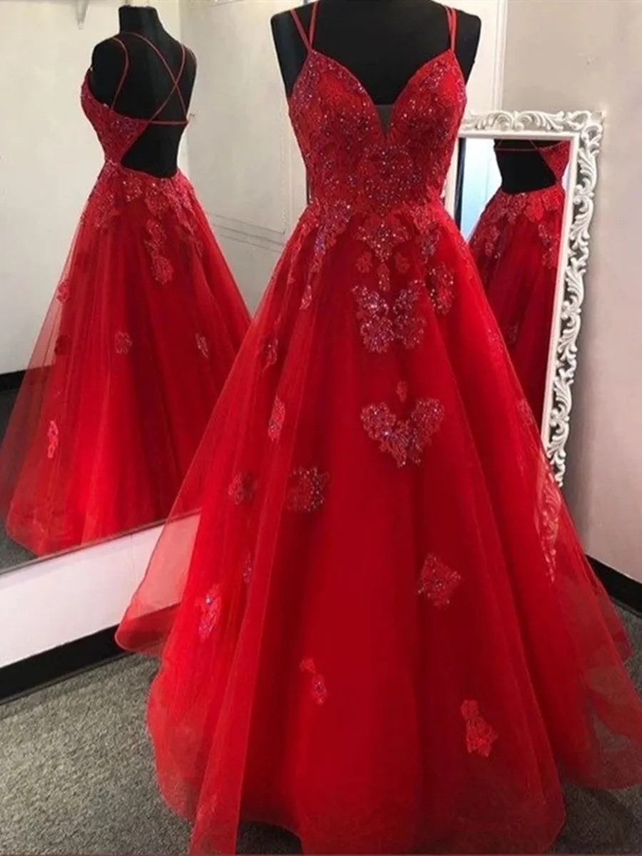 Gorgeous V Neck Backless Red Lace Appliques Prom Dresses, Backless Red Lace Formal Dresses, Red Lace Evening Dresses, Red Ball