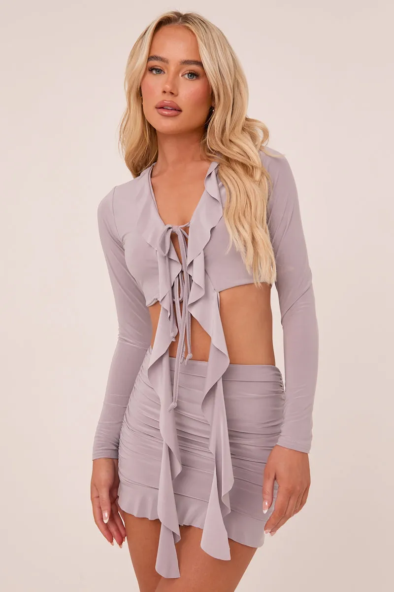 Grey Frill Detail Cropped Top & Mini Skirt Co-ord Set - Destiny