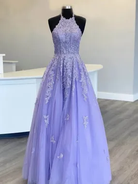 Halter Neck Long Purple Lace Prom, Purple Lace Formal Graduation Evening