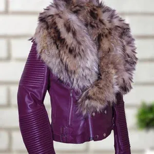 Heavy Fur Collared Leather Jacket For Women Detachable Fur