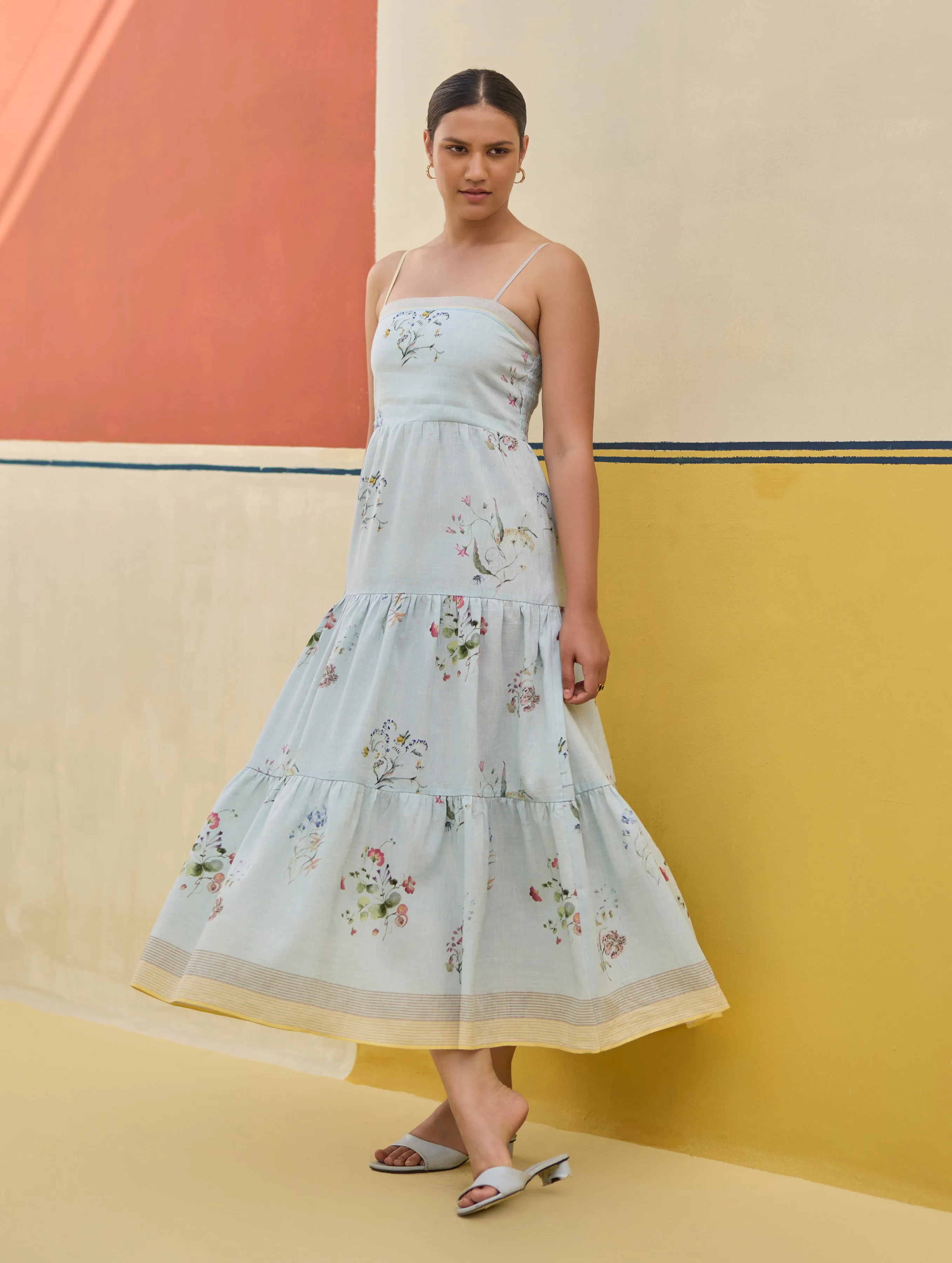 Hena Watercolour Floral Tiered Dress - Sky