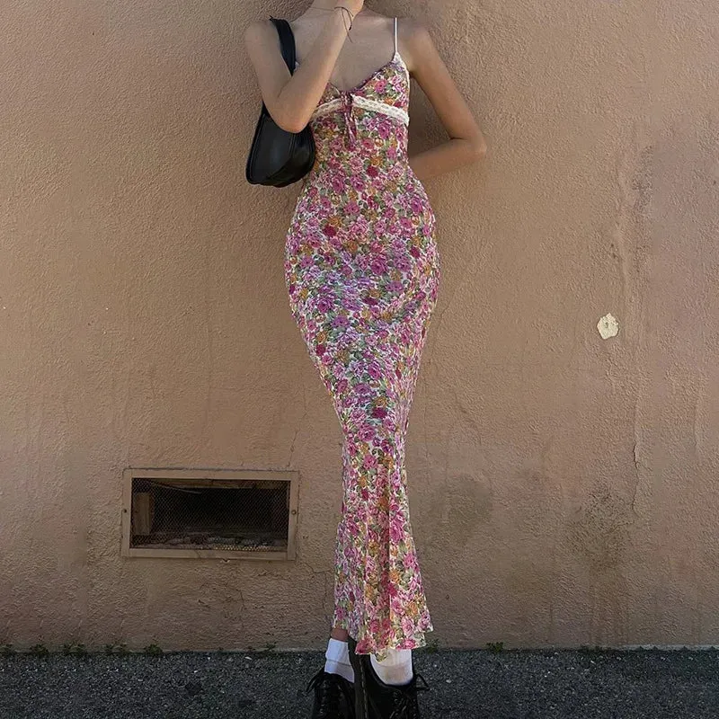 High Waist Lace Bow Sling Summer Women's 2024 New Sexy Backless Elegant Floral Print Maxi Dress