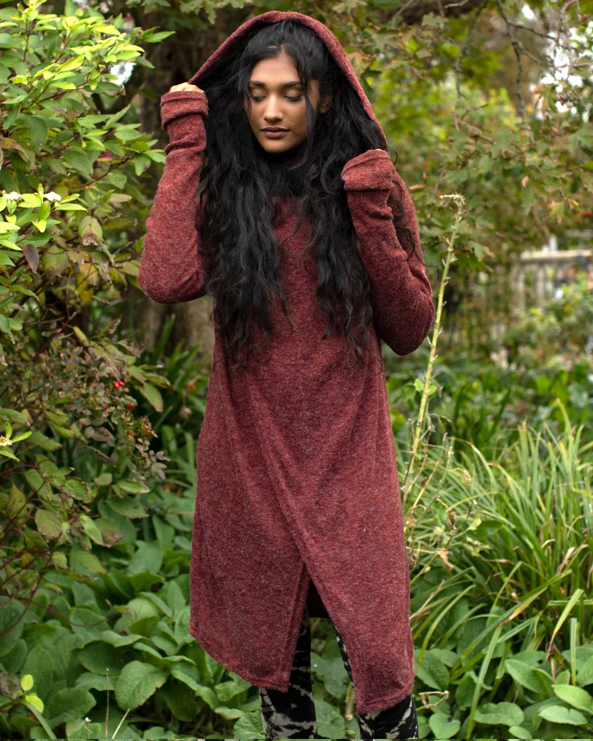 Hooded Long Cardgian Jacket Wine Red