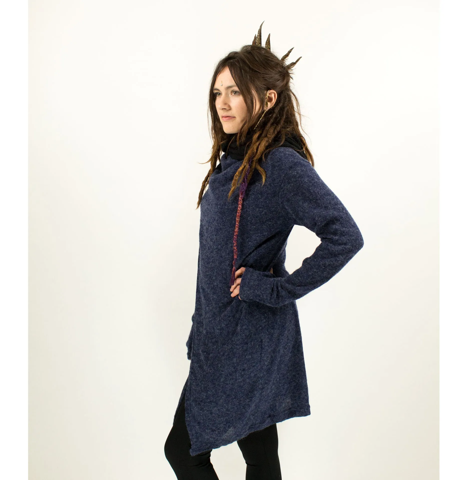 HOODED LONG CARDIGAN JACKET BLUE