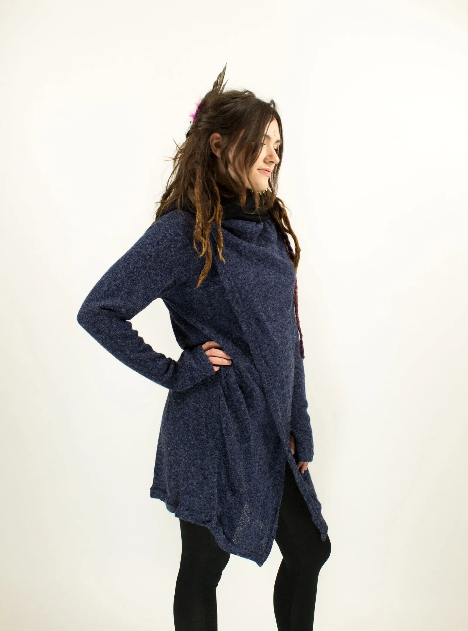 HOODED LONG CARDIGAN JACKET BLUE