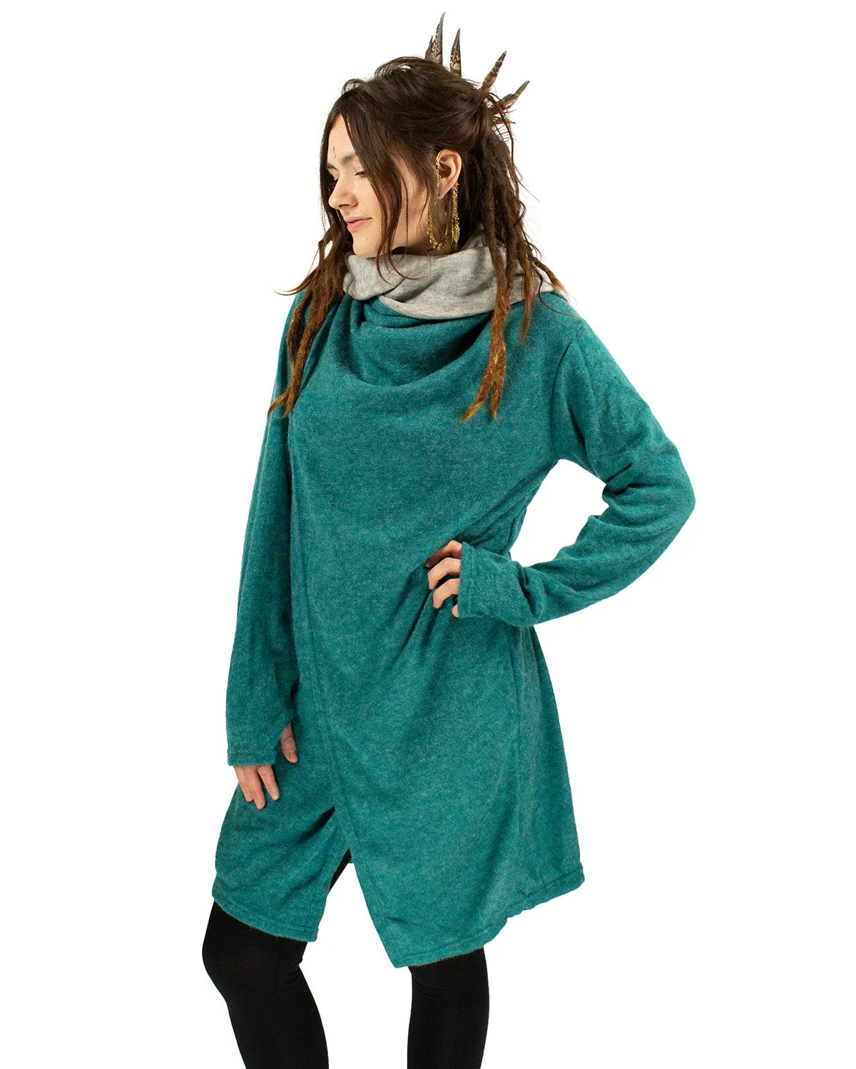 HOODED LONG CARDIGAN JACKET TURQUOISE