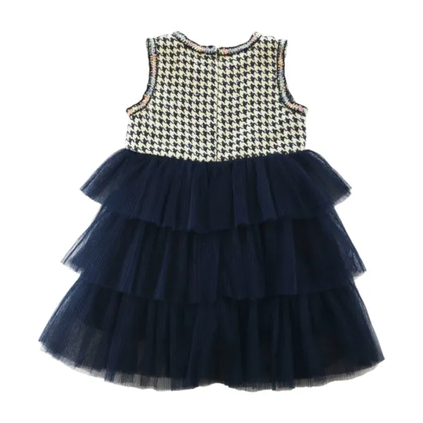 Houndstooth Chiffon Tiered Dress - Beige/Navy