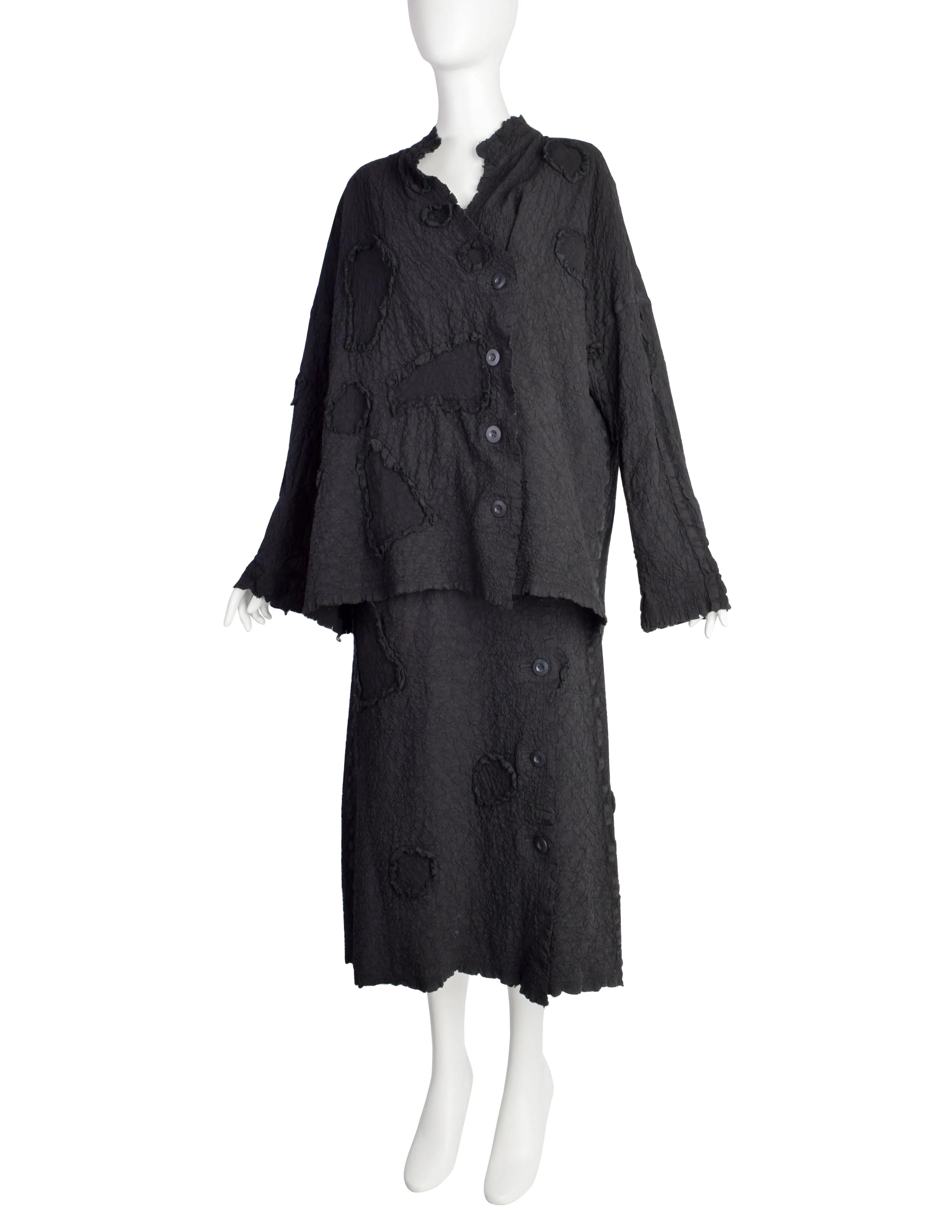 Issey Miyake Vintage AW 1994 Black Crinkled Patchwork Dress and Jacket Set