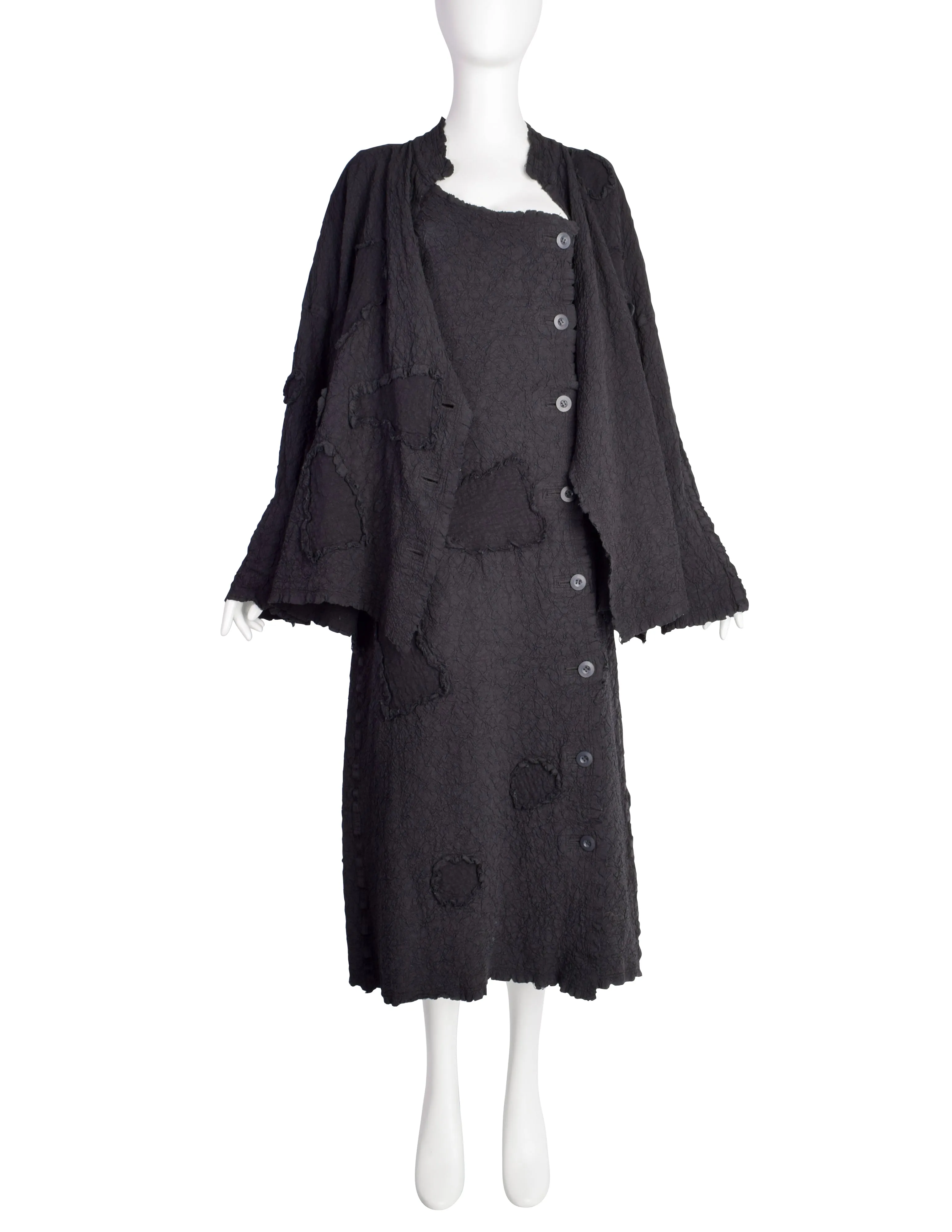 Issey Miyake Vintage AW 1994 Black Crinkled Patchwork Dress and Jacket Set