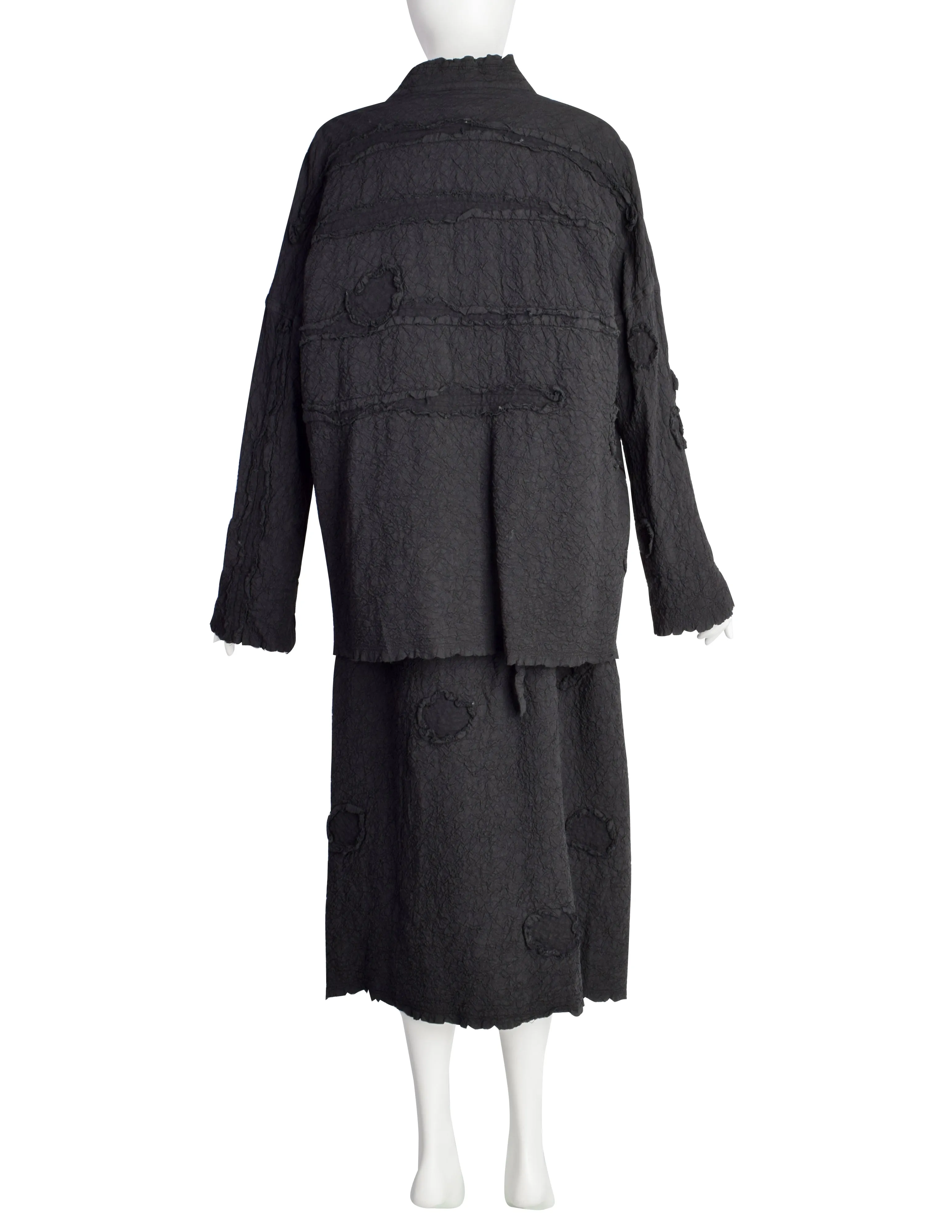 Issey Miyake Vintage AW 1994 Black Crinkled Patchwork Dress and Jacket Set