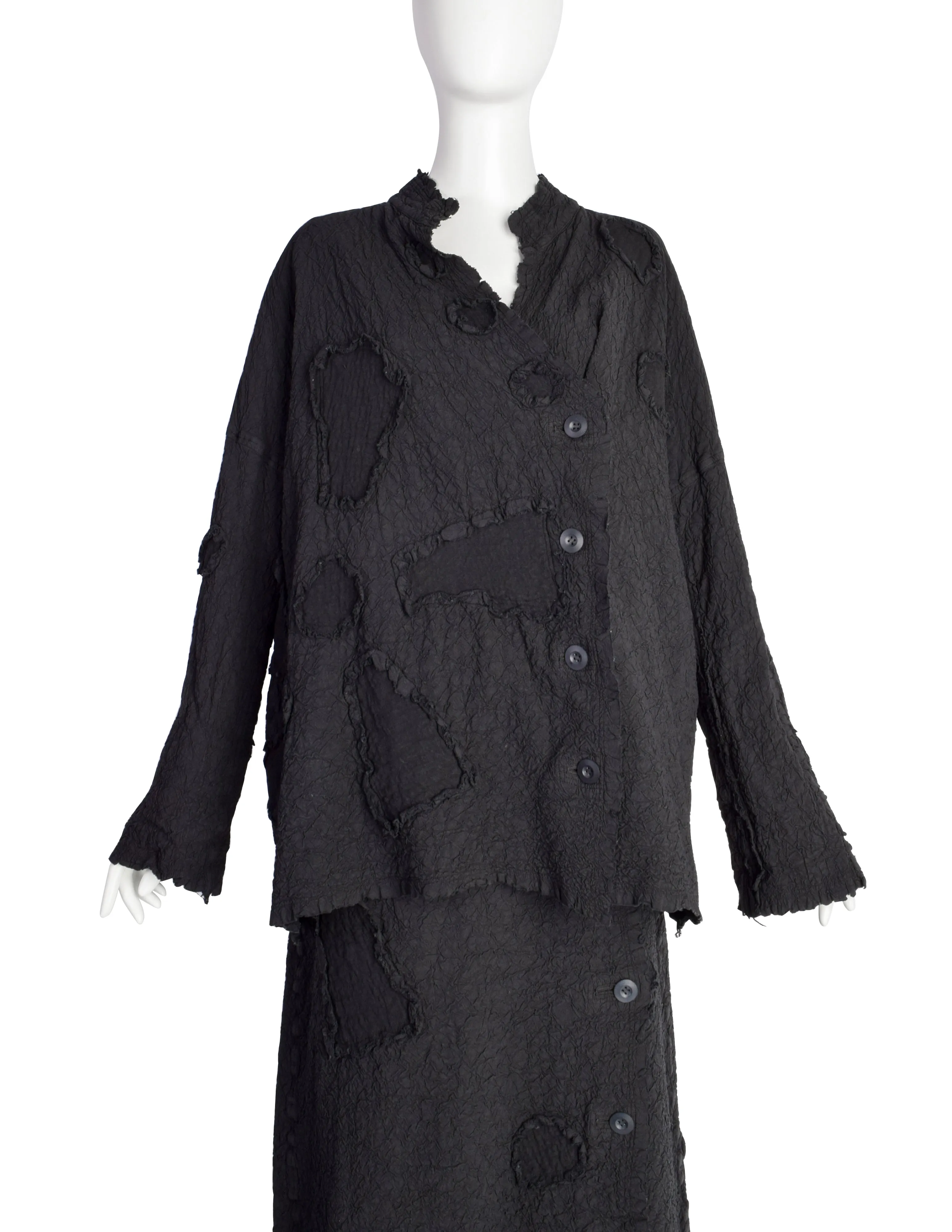 Issey Miyake Vintage AW 1994 Black Crinkled Patchwork Dress and Jacket Set