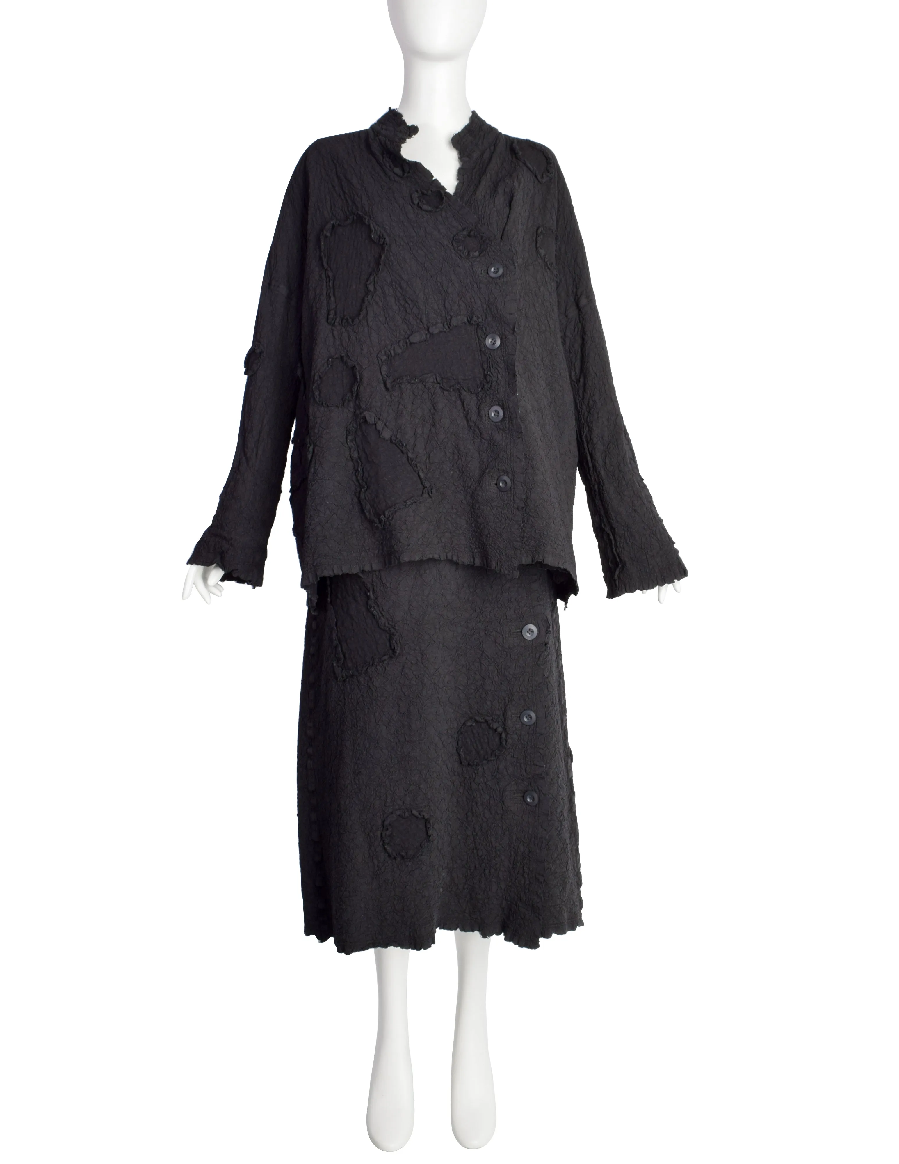 Issey Miyake Vintage AW 1994 Black Crinkled Patchwork Dress and Jacket Set