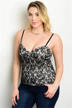 Ivory and Black Lace Overlay Spaghetti Strap Tank Top