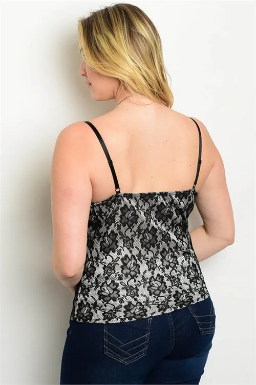 Ivory and Black Lace Overlay Spaghetti Strap Tank Top