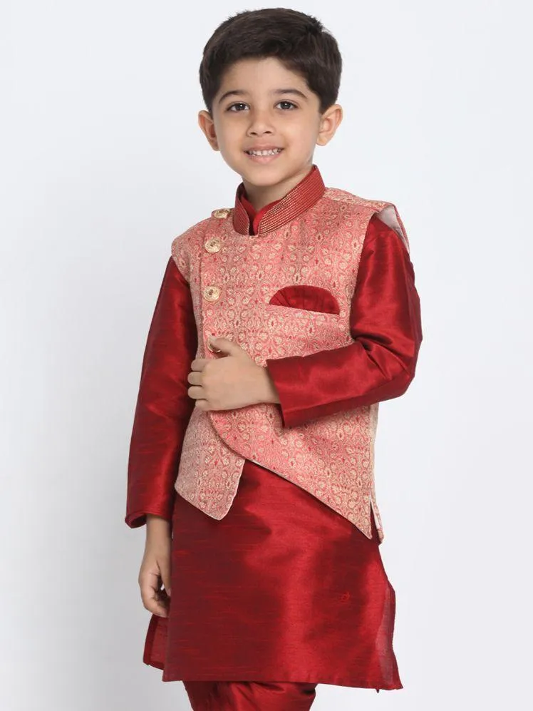 Jashvi Boys' Pink Cotton Silk Blend Nehru Jacket