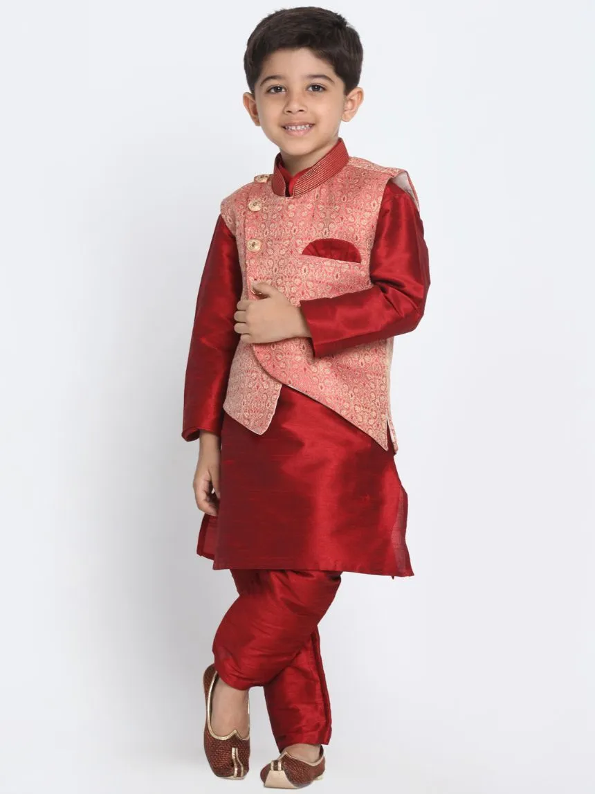 Jashvi Boys' Pink Cotton Silk Blend Nehru Jacket