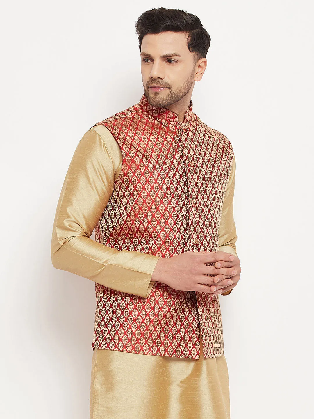 Jashvi Men's Maroon Cotton Silk Blend Ethnic Jacket