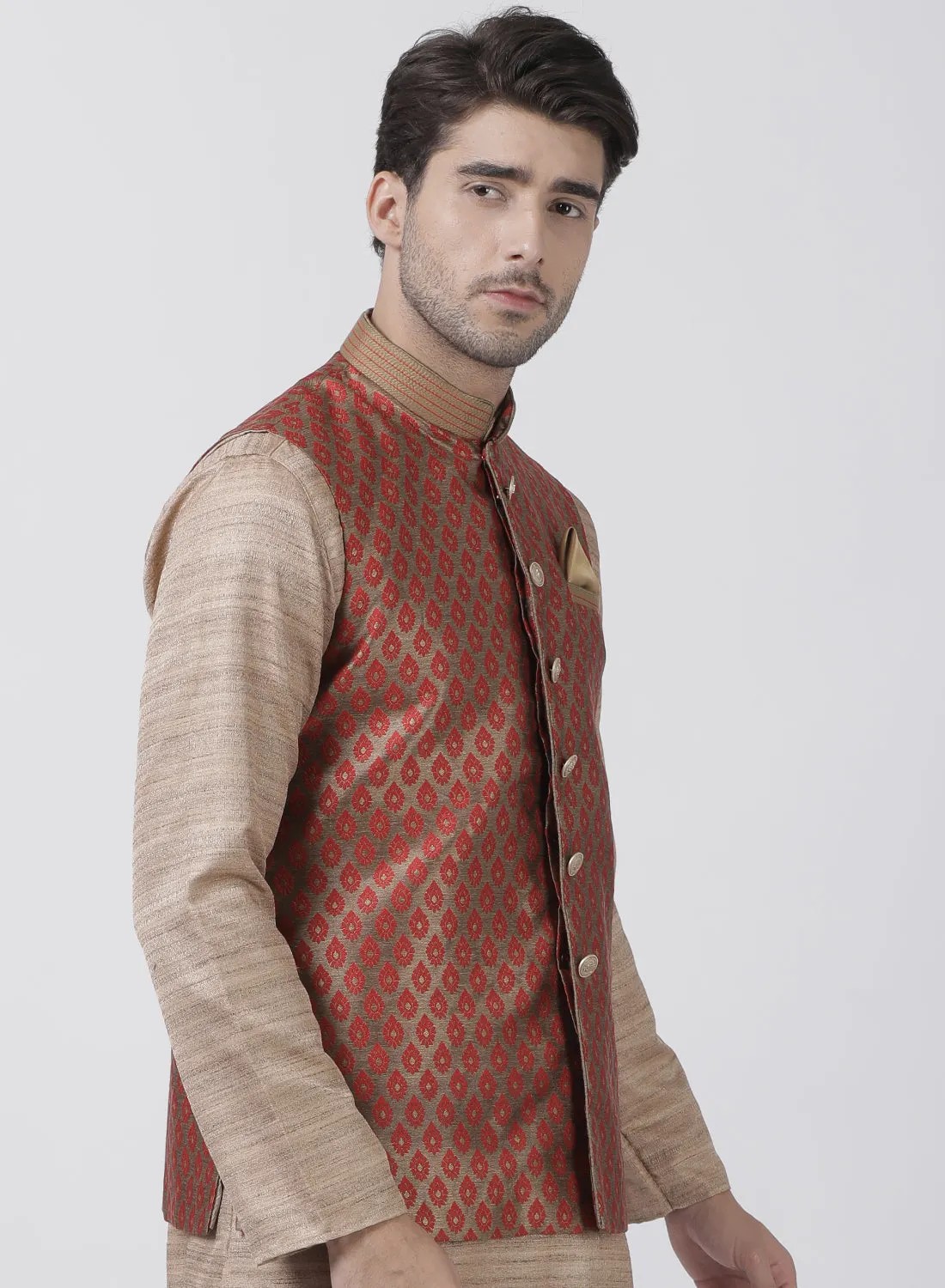 Jashvi Silk Blend Maroon And Gold Baap Beta Ethnic Jacket