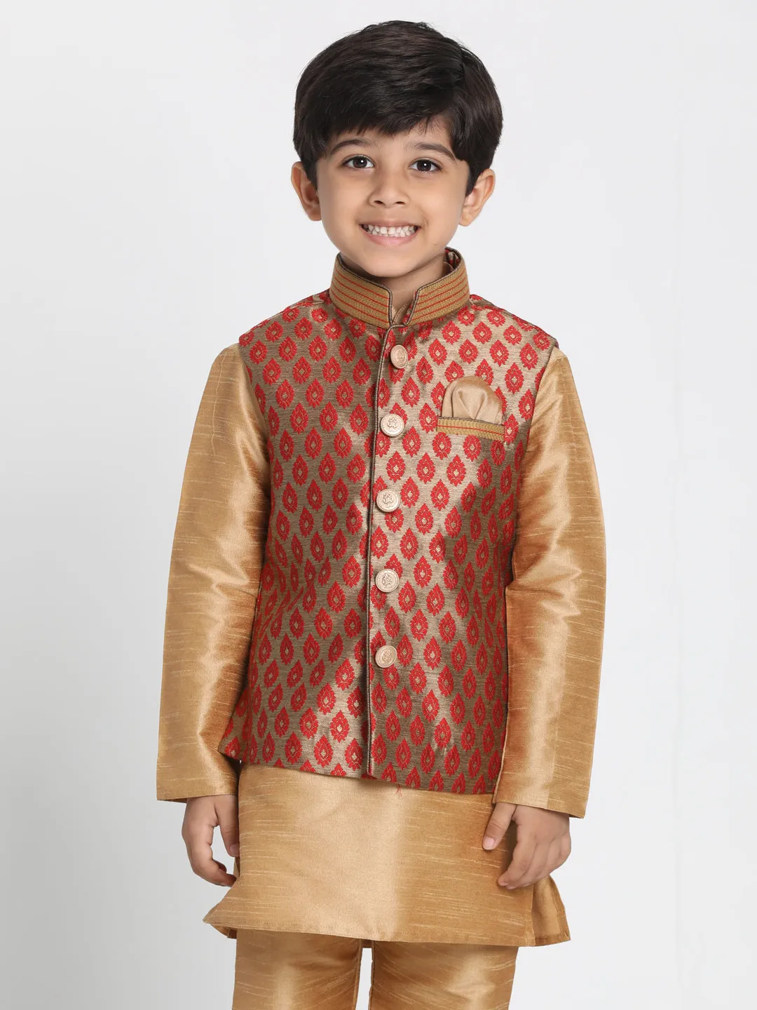 Jashvi Silk Blend Maroon And Gold Baap Beta Ethnic Jacket