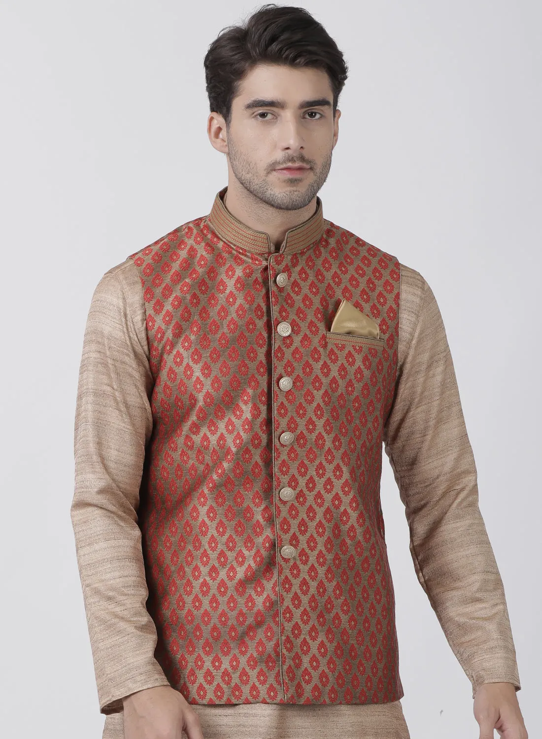 Jashvi Silk Blend Maroon And Gold Baap Beta Ethnic Jacket