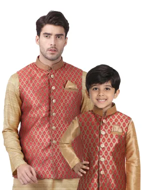 Jashvi Silk Blend Maroon And Gold Baap Beta Ethnic Jacket