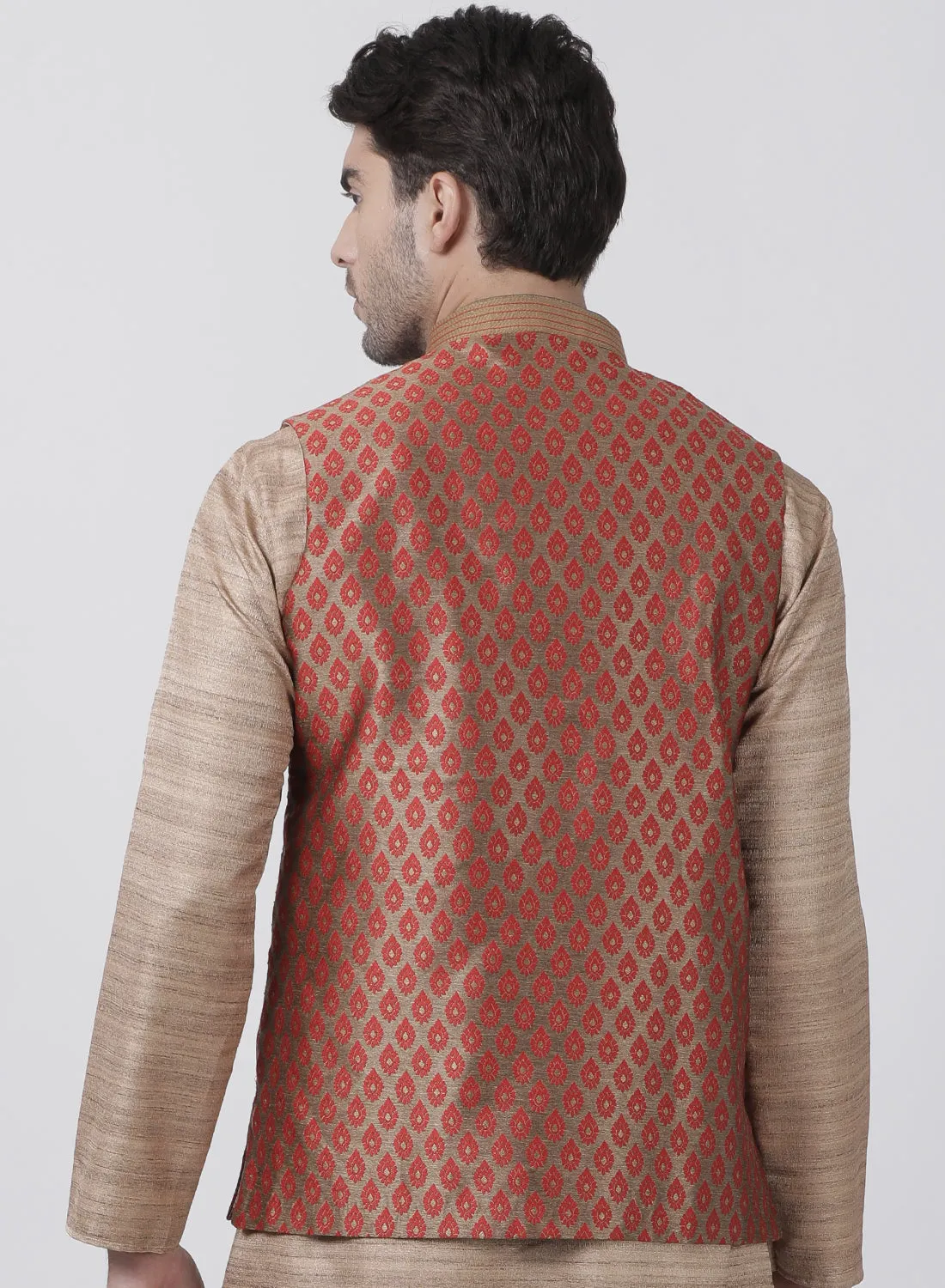 Jashvi Silk Blend Maroon And Gold Baap Beta Ethnic Jacket