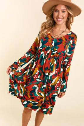 Kailey Abstract Long Sleeve Babydoll Dress - Rust/Teal