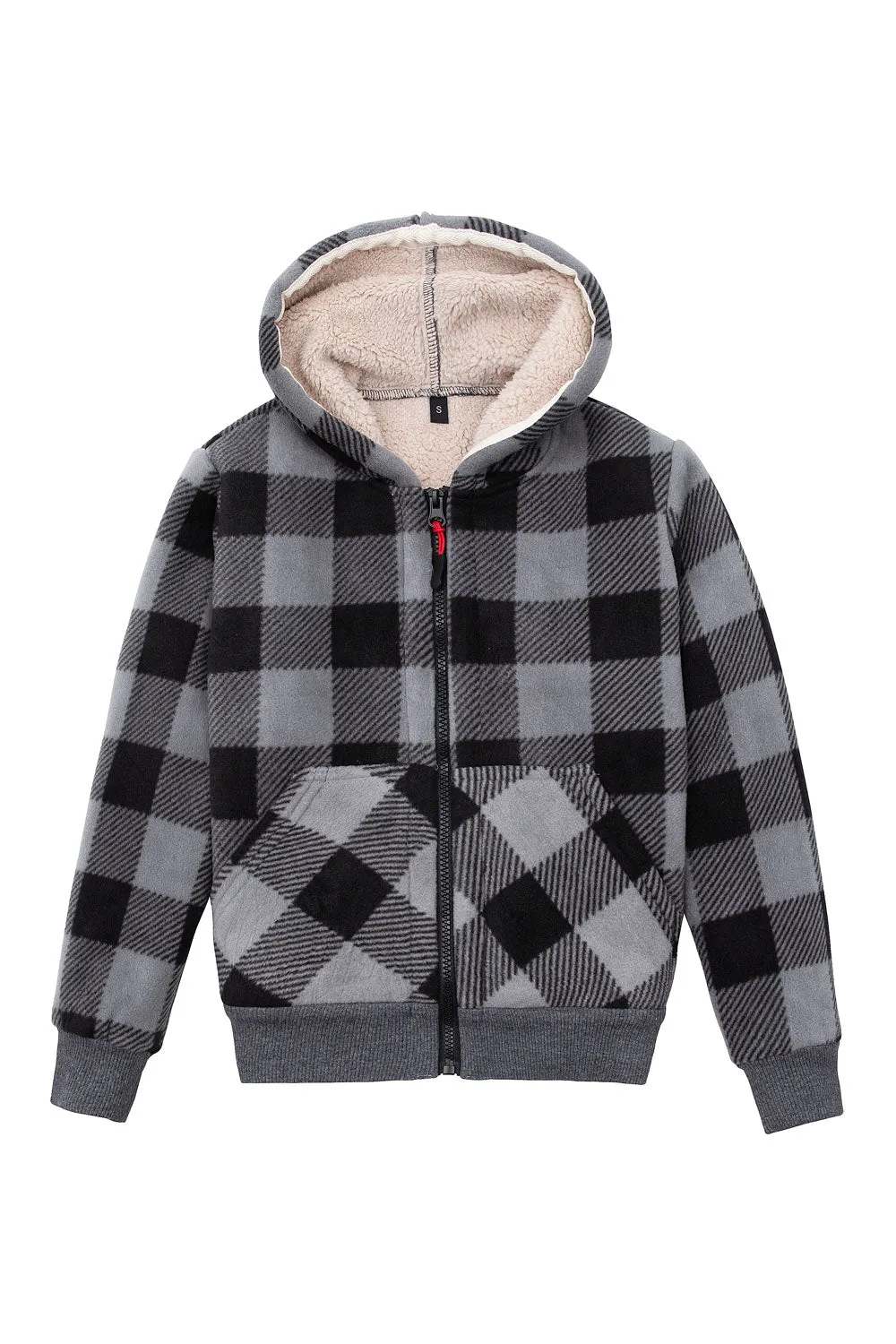 Kids Boys and Girls Sherpa Lined Full Zip Hooded Plaid Sweatshirt Jac