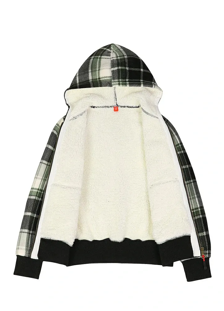 Kids Boys and Girls Sherpa Lined Full Zip Hooded Plaid Sweatshirt Jac