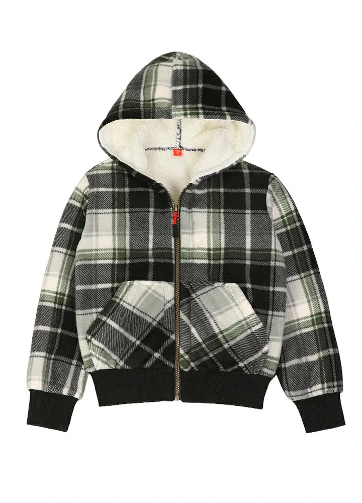 Kids Boys and Girls Sherpa Lined Full Zip Hooded Plaid Sweatshirt Jac