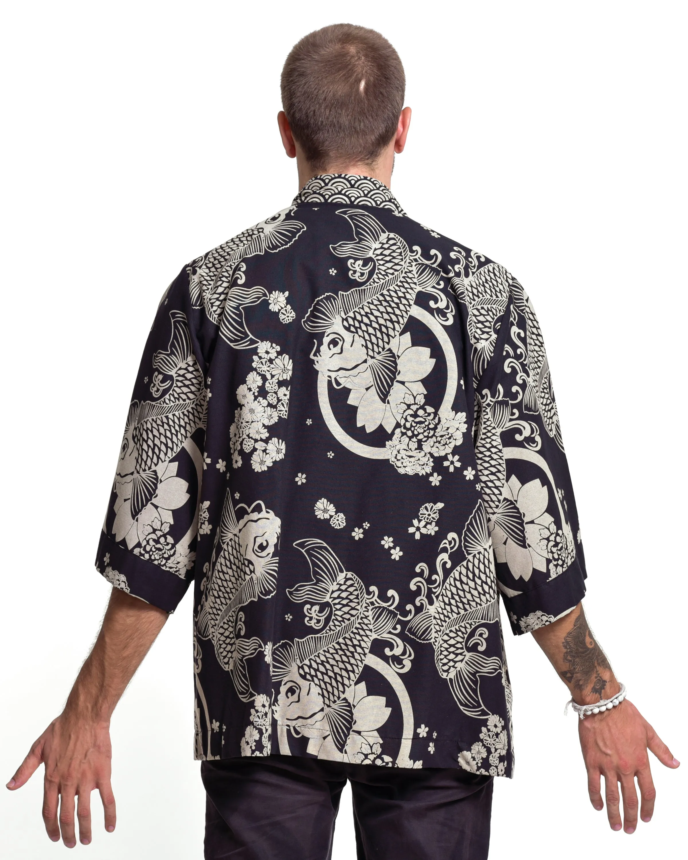 Koi Fish Print Cotton Kimono Cardigan in Black