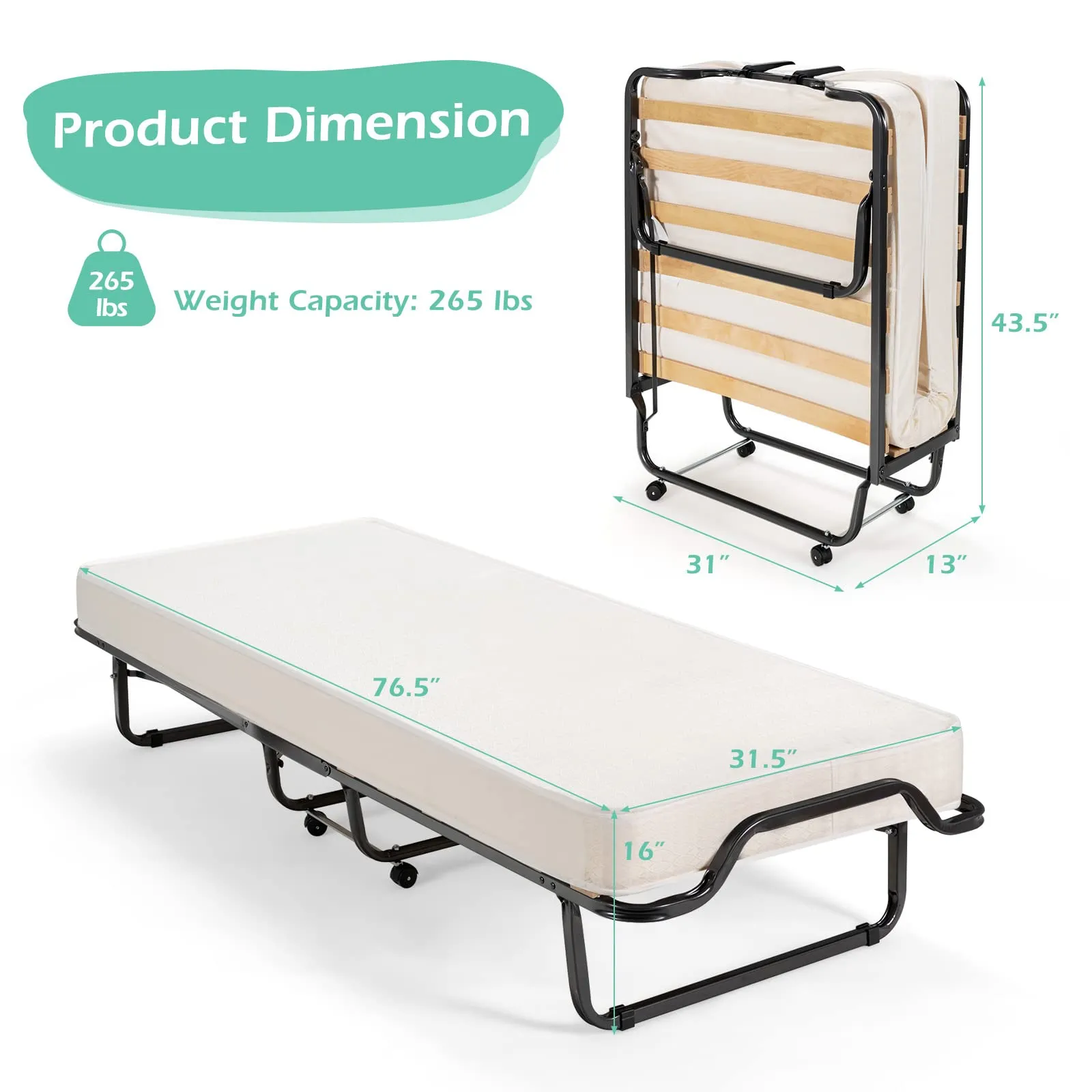 KOMFOTT Folding Bed with 4 Inch Mattress, Rollaway Guest Bed w/Memory Foam & Sturdy Steel Frame