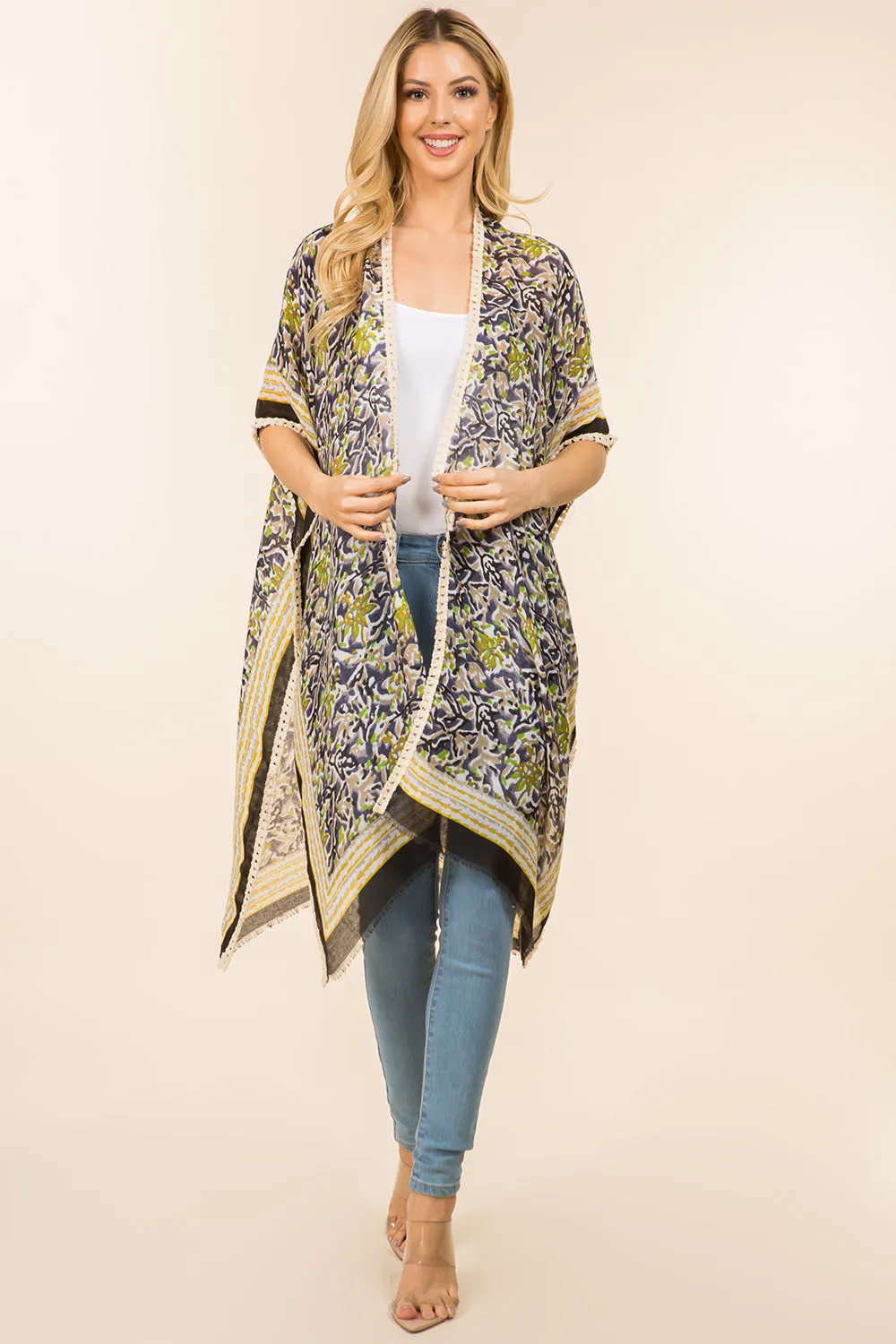 KP-4007 floral kimono with tassels