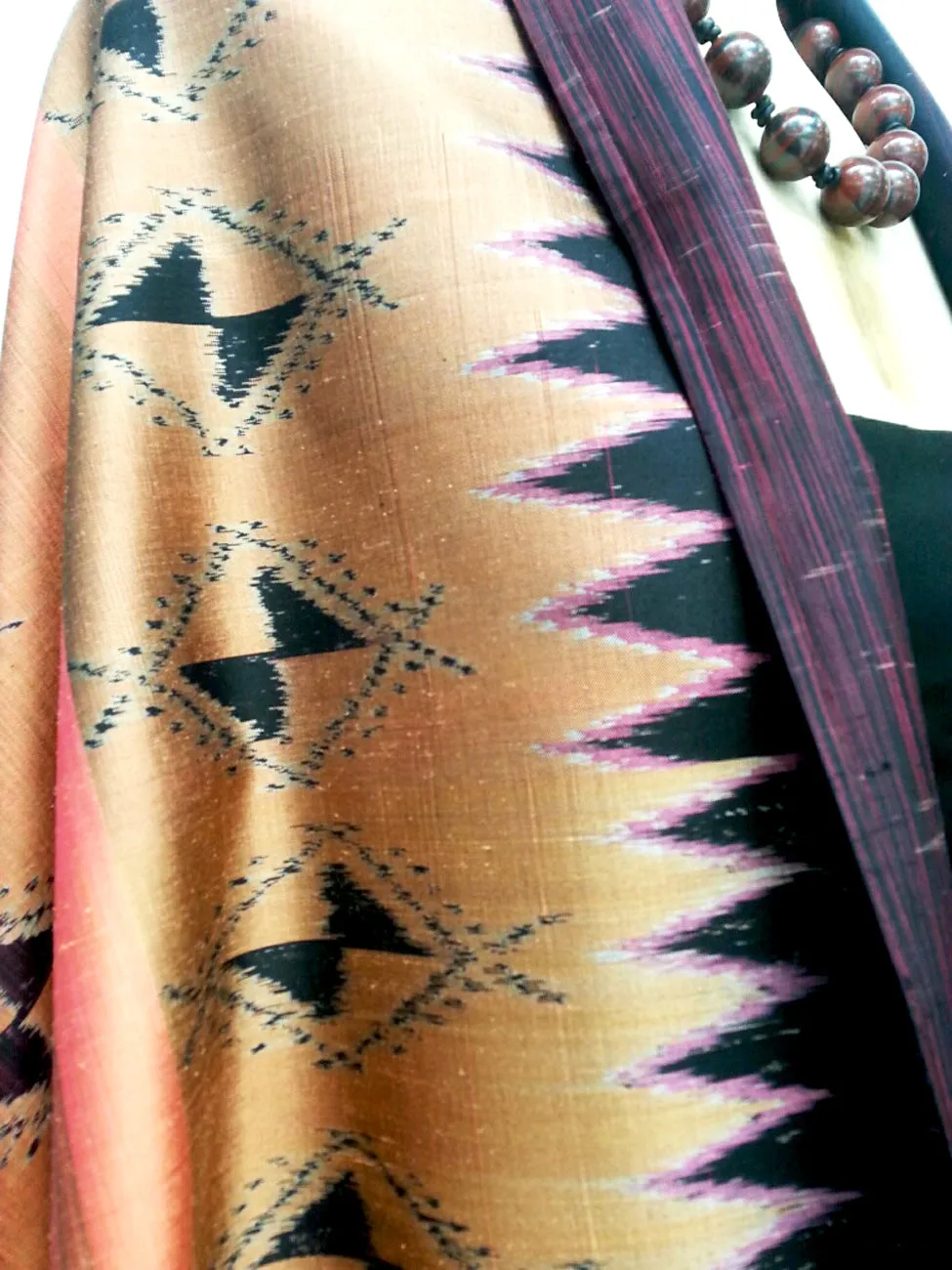 Large Silk Ikat Shawl Throw Terracotta Eggplant