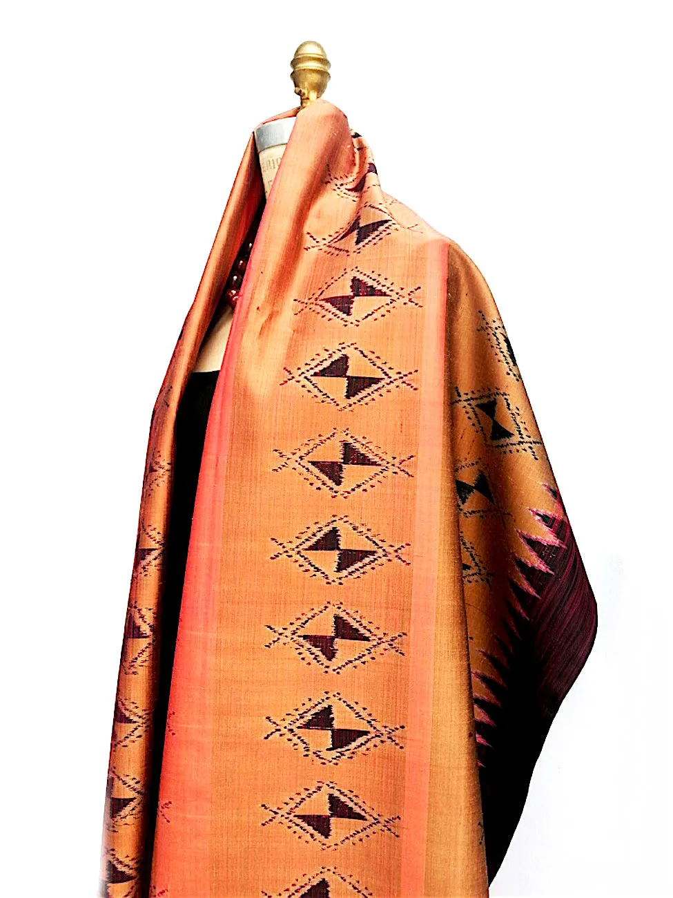 Large Silk Ikat Shawl Throw Terracotta Eggplant