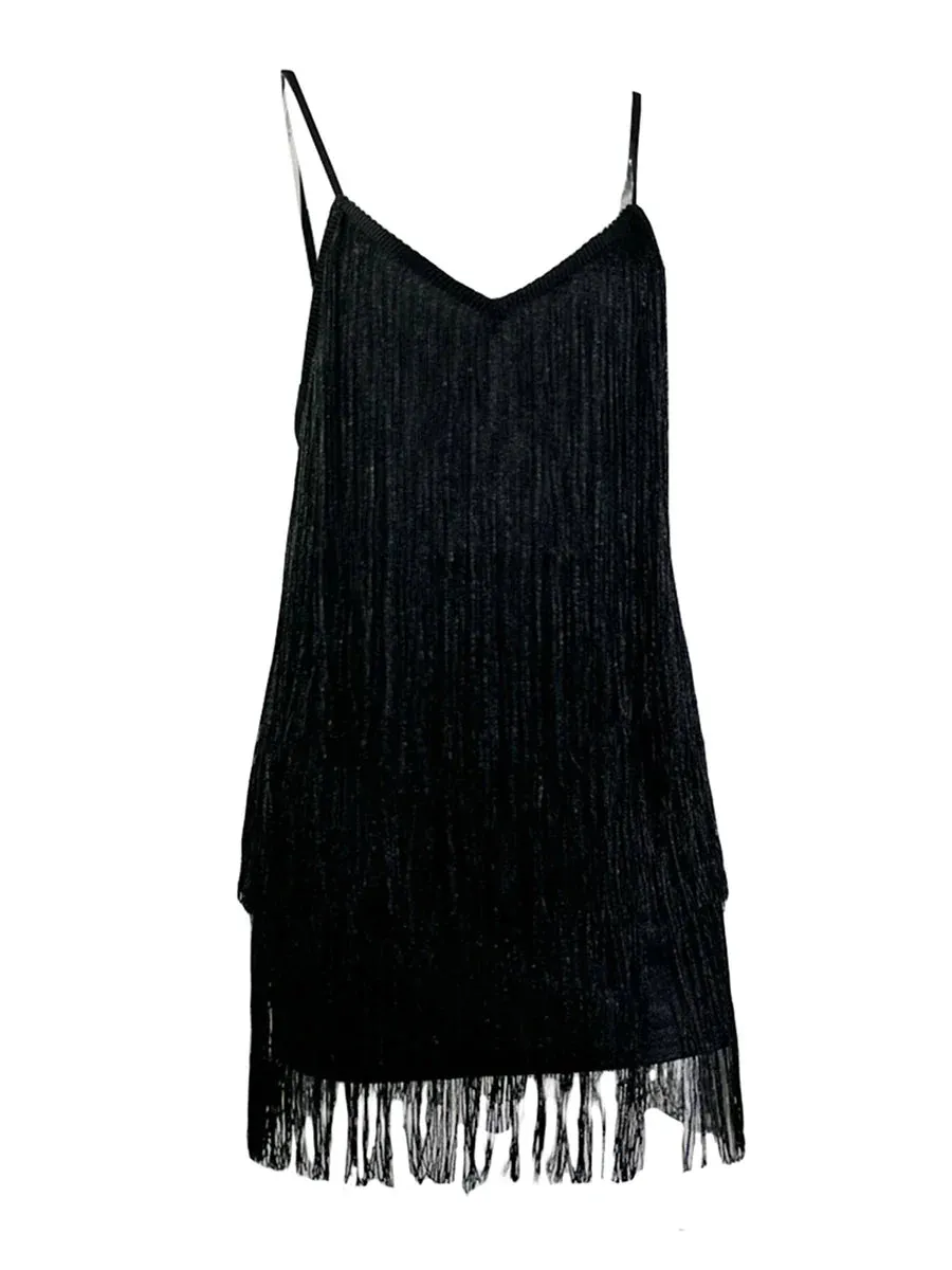 Layered Fringe Sparkly Deep V-neck Backless Cami Tassels Flapper Casual Women's Dress