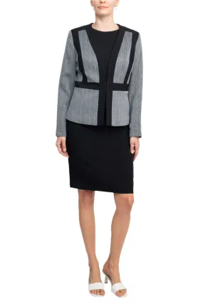 Le Suit Boat Neck Sleeveless Solid Zipper Back Short Crepe Dress with Melange Herringbone Framed Cardi Jacket  (Two Piece)