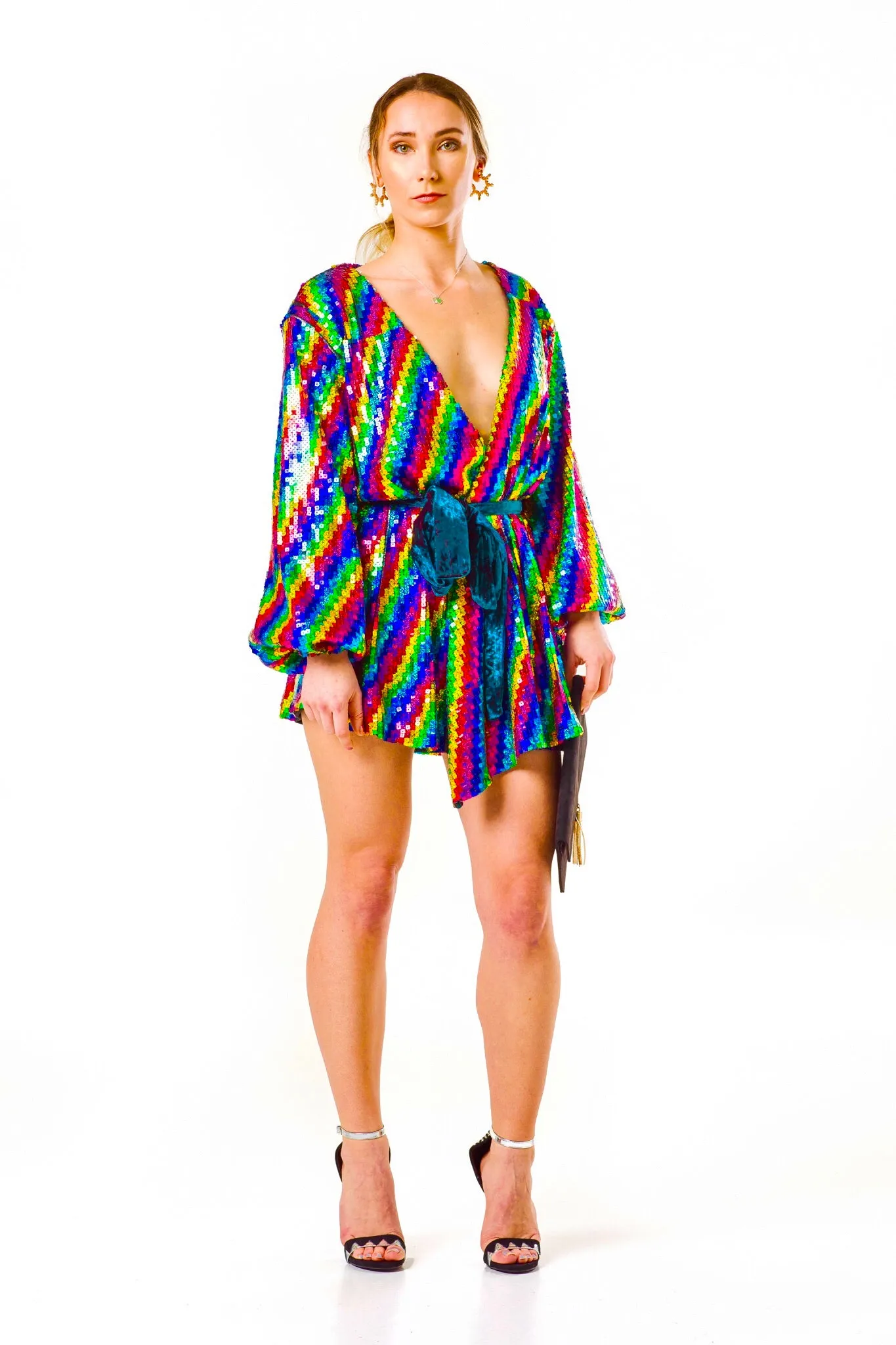 Long Sleeve Wrap Dress In Rainbow Sequin