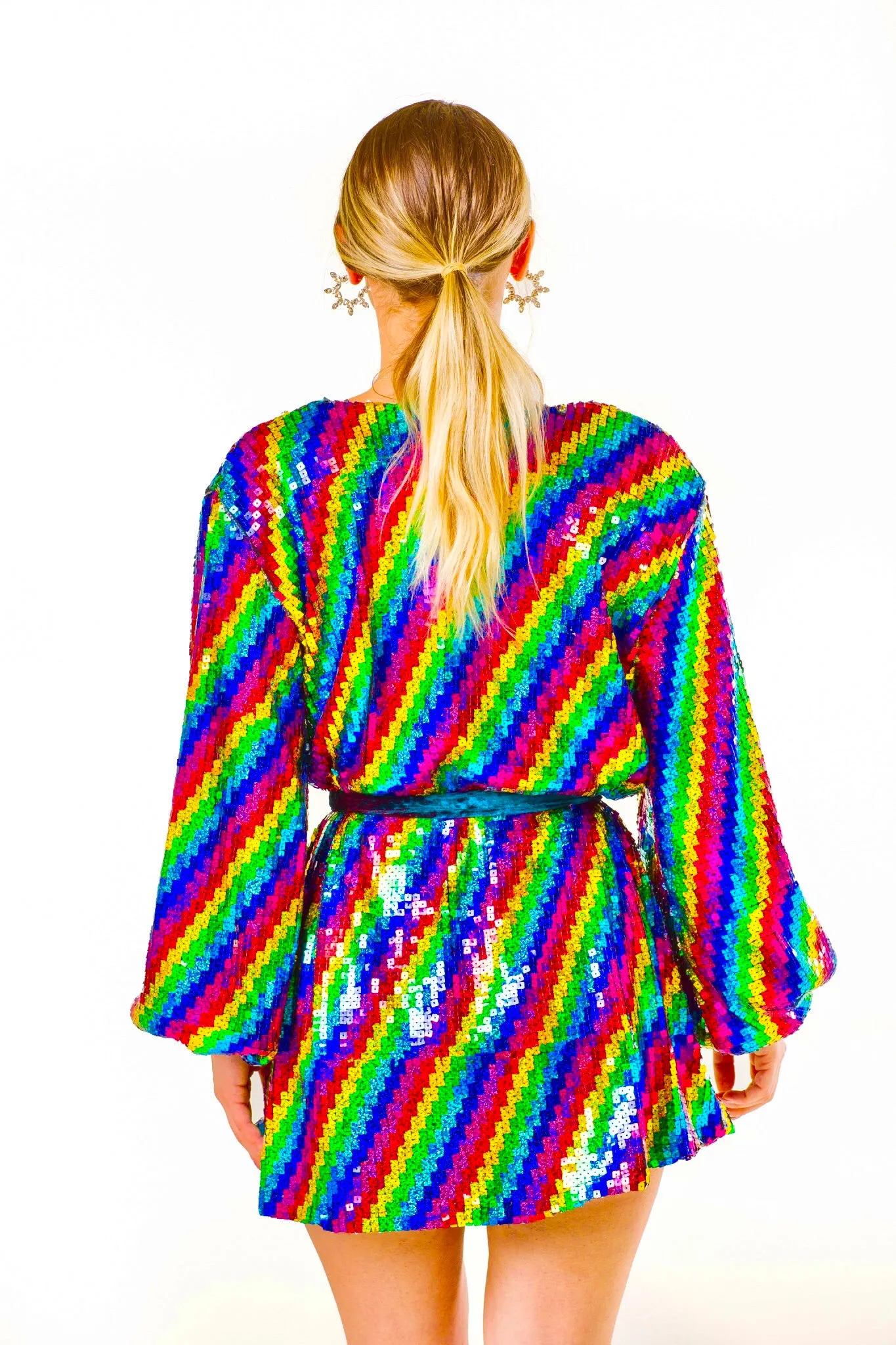 Long Sleeve Wrap Dress In Rainbow Sequin