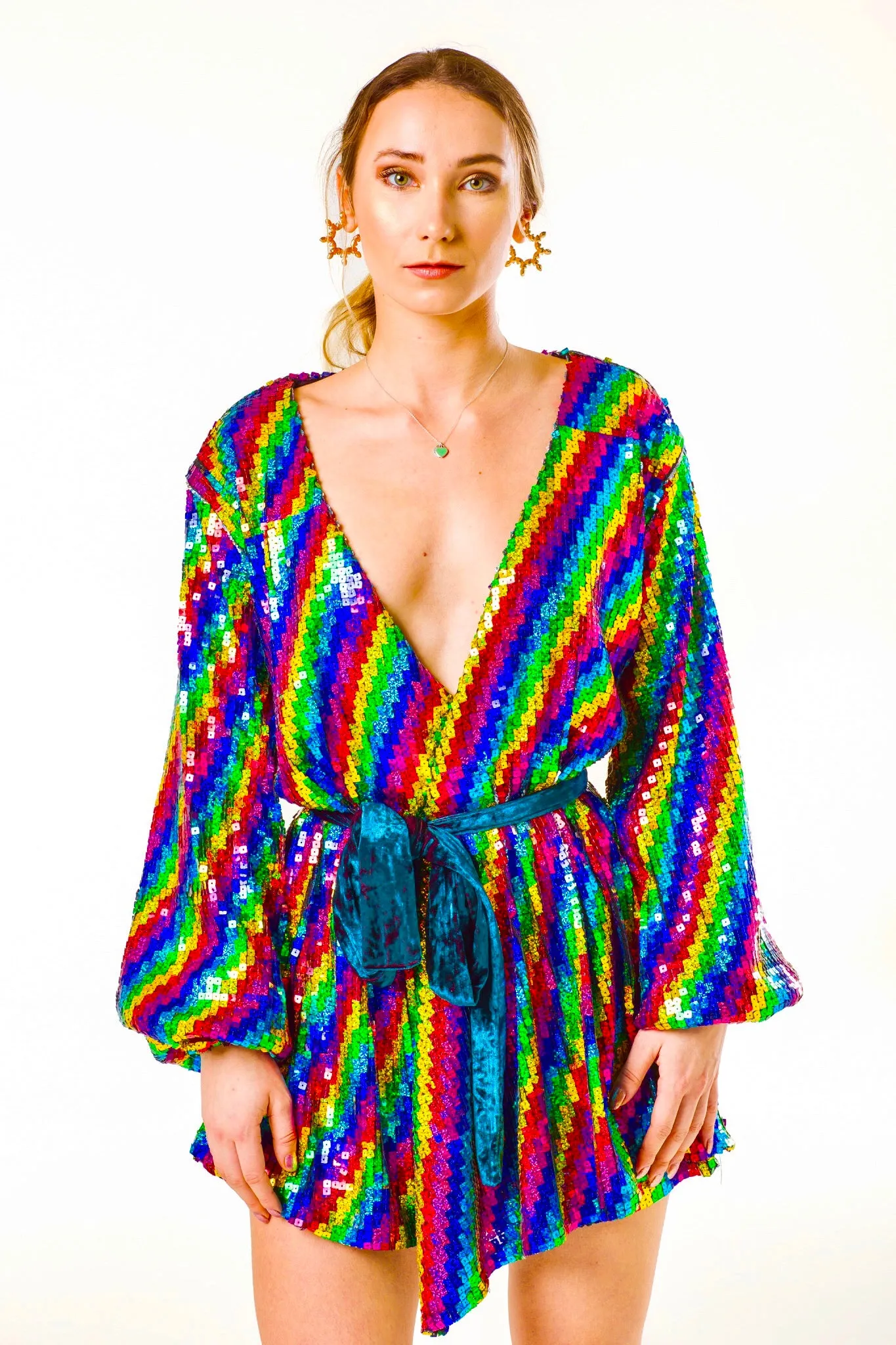 Long Sleeve Wrap Dress In Rainbow Sequin