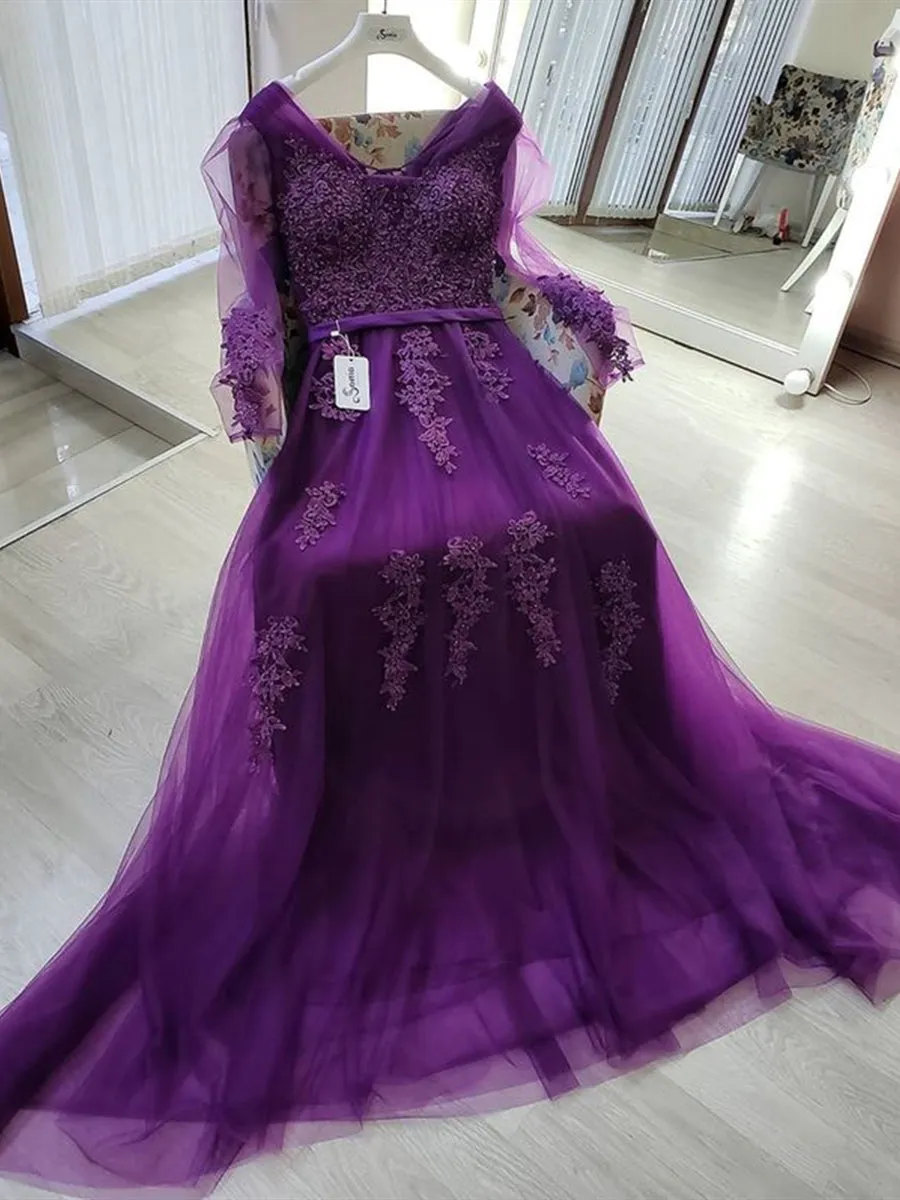 Long Sleeves Beaded Purple Lace Long Prom, Purple Lace Formal, Purple Evening