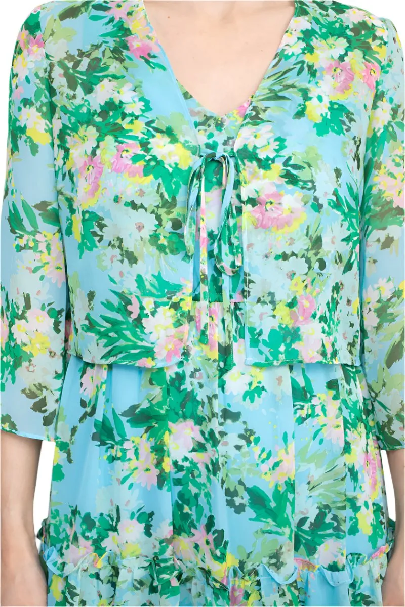 Maison Tara V Neck 3/4 Sleeve Floral Midi Dress with Matching Chiffon Jacket