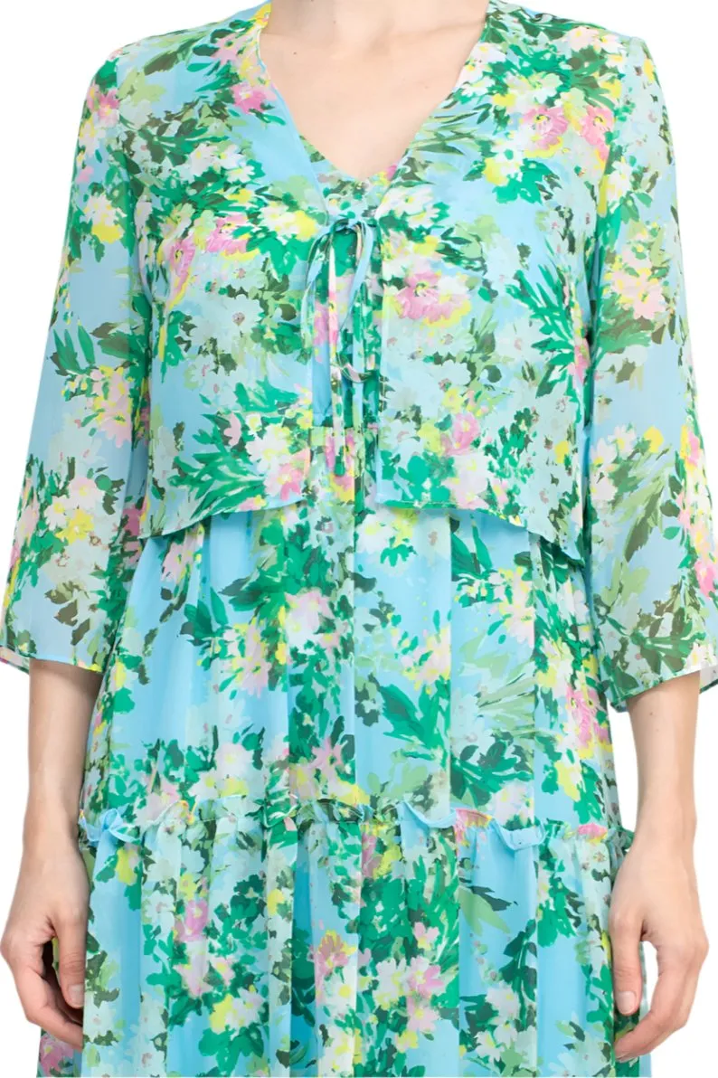 Maison Tara V Neck 3/4 Sleeve Floral Midi Dress with Matching Chiffon Jacket