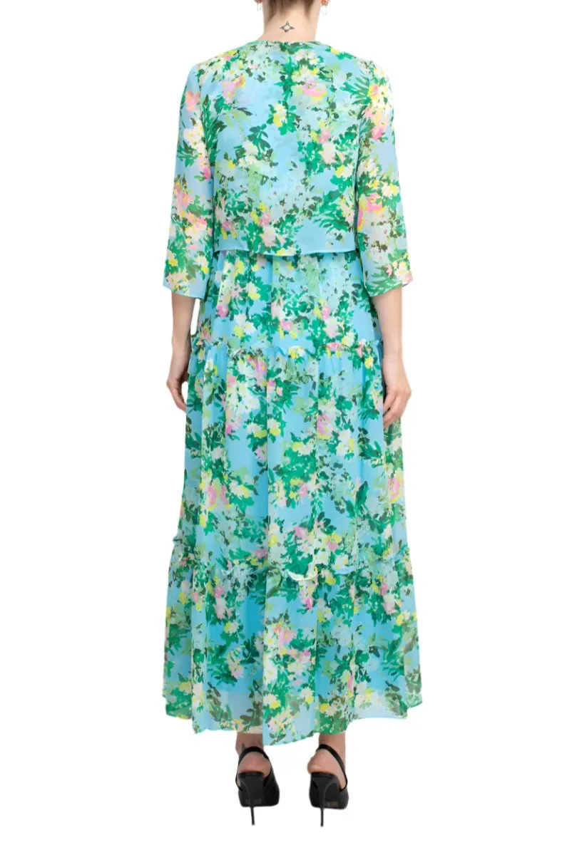 Maison Tara V Neck 3/4 Sleeve Floral Midi Dress with Matching Chiffon Jacket