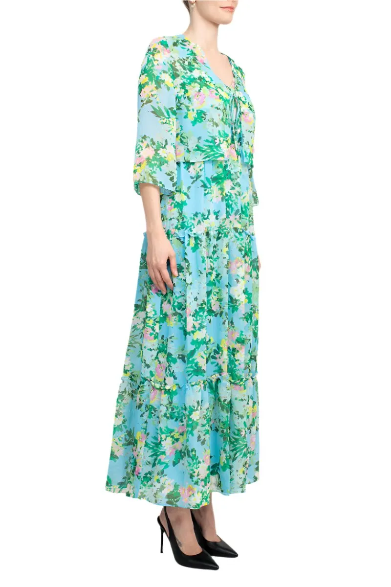 Maison Tara V Neck 3/4 Sleeve Floral Midi Dress with Matching Chiffon Jacket