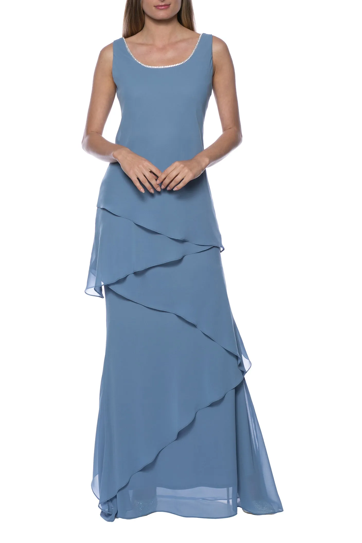 Marina Embellished Boat Neck Sleeveless Tiered Solid Chiffon Dress with Matching Long Sleeve Jacket