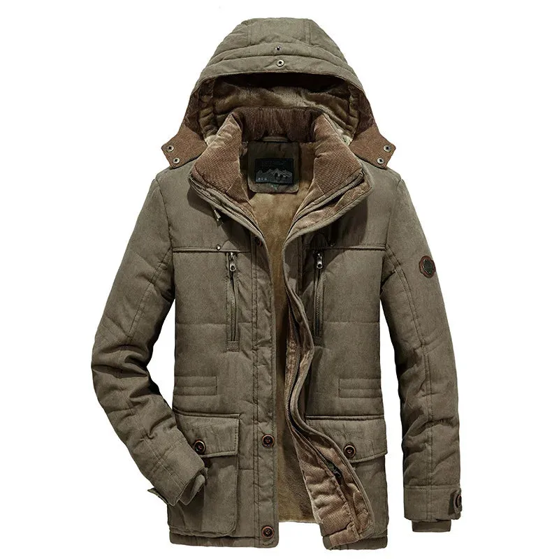 Men's Hooded Warm Winter Jacket Parka Plus Velvet Thick Warm Multi Pocket Jackets Solid Parka Male Coat Large Size Clothing